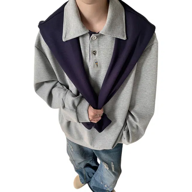 地界二 韩系老钱风翻领男宽松休闲潮牌痞帅可拆卸披肩长袖外套卫衣 男款