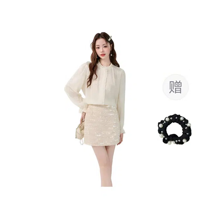 雾闪闪 减龄荷叶边泡泡袖蕾丝上衣+短款包臀亮片半身裙 裙装套装 女款