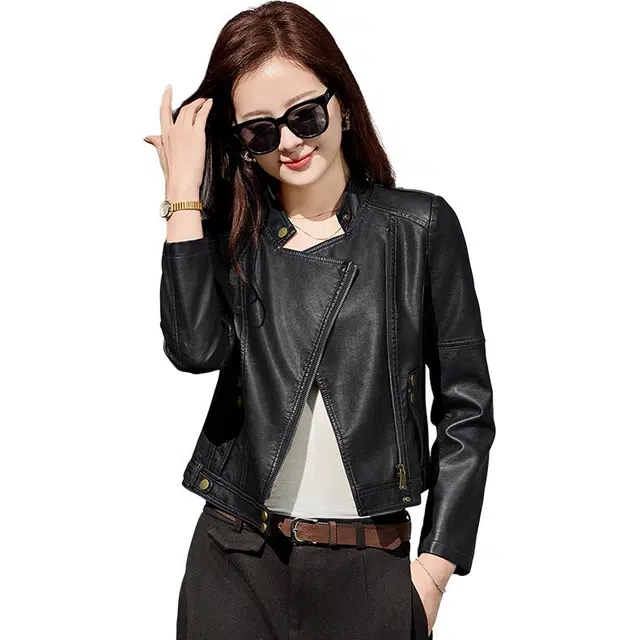 稻草人 时尚气质显瘦百搭短款机车夹克外套皮衣 女款