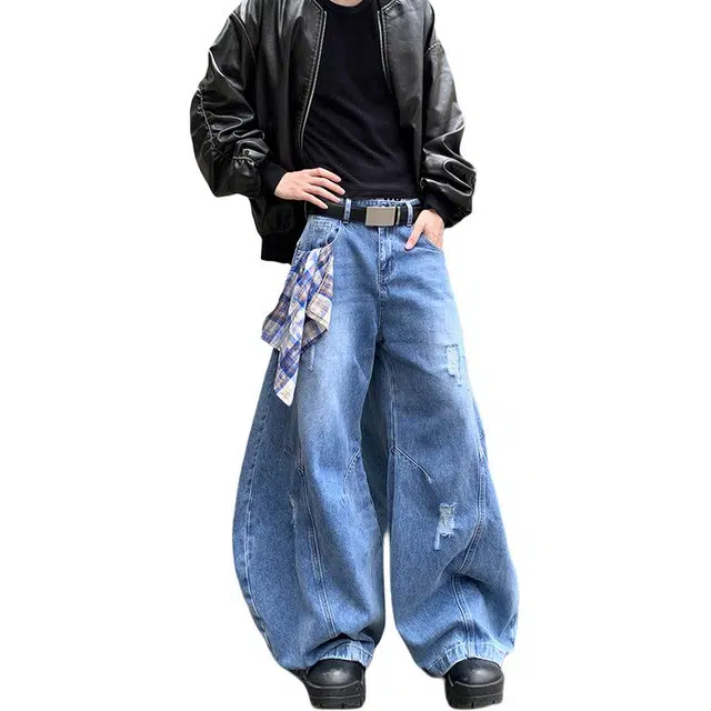 极限涡轮 美式高街复古裂纹破洞潮牌弯刀阔腿休闲轻薄拖地牛仔裤 男女同款