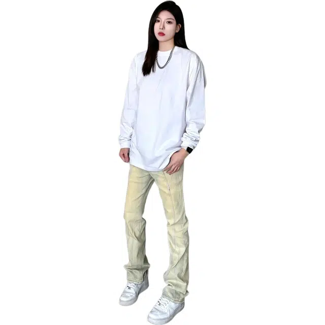 地界二 白色纯棉长袖纯色落肩袖潮卫衣 男女同款