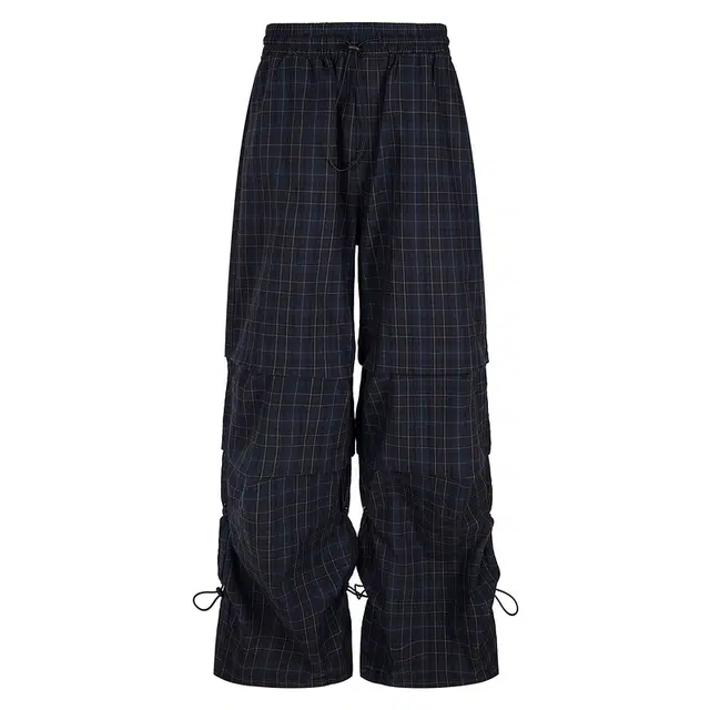海獭 宽松垂感格纹伞兵裤拖地阔腿裤子美式复古格子休闲裤 女款