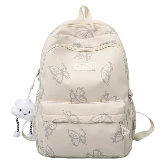 蔻蒂熊 大容量初中生书包女韩版原宿高中大学生背包女高颜值旅行休闲百搭轻便简约 涤纶 双肩包 常规 青少年 米白色/黑色/绿色/灰蓝色