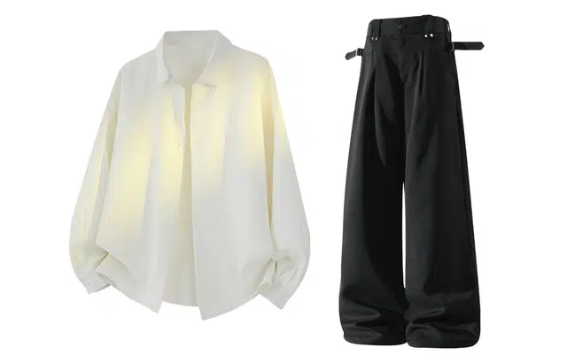 梓润格 港风日系凉感中式翻领冰丝长袖衬衣秋季小众设计感休闲西裤宽松大码直筒裤衬衫套装 男女同款