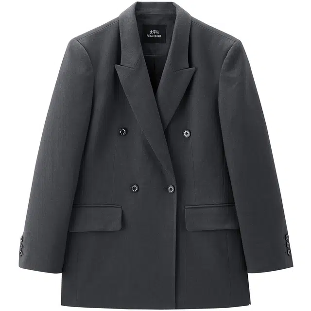 太平鸟 简约时尚通勤百搭戗驳领合体一手长收腰外套气质黑金西装 女款