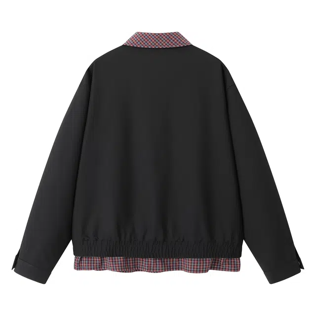 明尼凯 美式复古高街风基础款拼接格子翻领假两件设计小众高级感叠穿感户外日常通勤休闲宽松潮流百搭落肩情侣夹克外套 男女同款