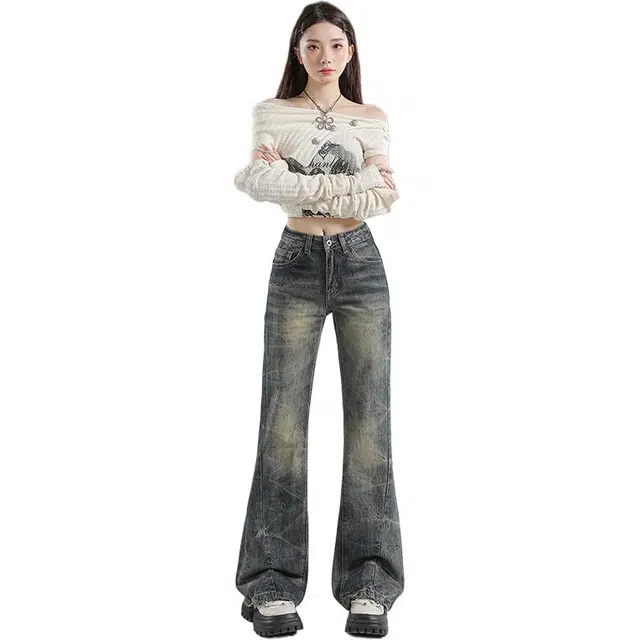 拾籍 美式风格复古设计怀旧手工刺绣捏褶全喷马骝重工感 亚文化微喇牛仔裤 女款