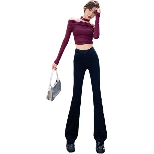 拾籍 高弹毛边修身显瘦显高微喇叭高街辣妹子性感时尚百搭阔腿牛仔裤 女款