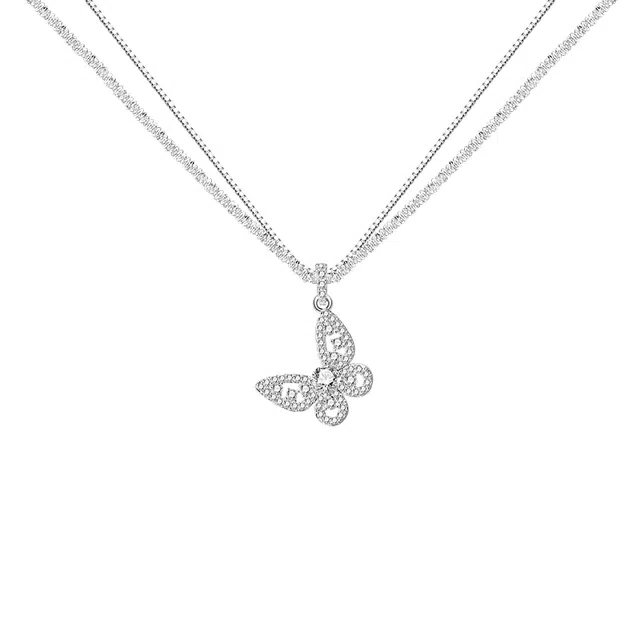 芒果饰品 韩系爆闪蝴蝶双层#好运 铜 锆石 项链 女款