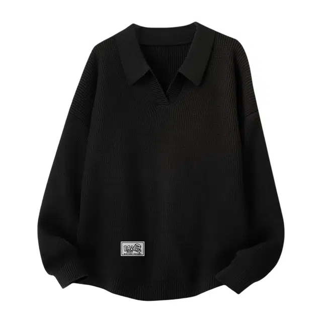 吾皇猫 原创美式复古高街简约基础款学院风翻领套头长袖针织上衣慵懒风时尚贴布外套潮流潮牌百搭毛衣 男女同款