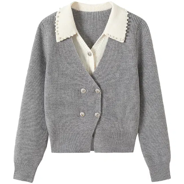 她池 文艺风撞色翻领设计感钉珠短款假两件长袖针织衫 女款