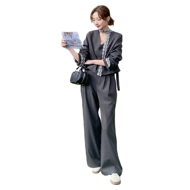 稻草人 气质蕾丝拼接飘带西装阔腿裤两件套休闲套装 女款