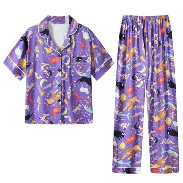 宫蝶 柔软牛奶丝家居服可外穿休闲复古风满印宽松舒适大码睡衣套装 女款