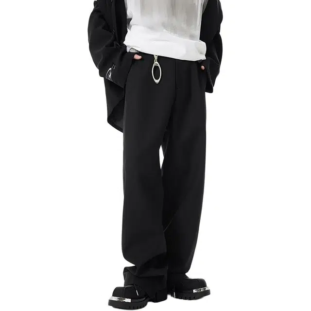 潮人榜 美式高街纯色垂感直筒长裤情侣款宽松裤脚开叉微喇休闲裤 男女同款