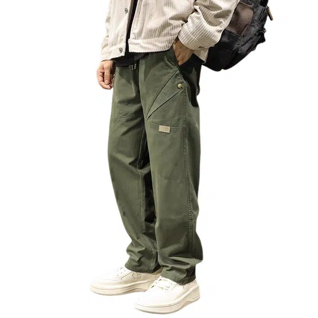 路杰邦 军绿色工装裤子宽松阔腿裤秋季潮流美式高街纯棉休闲裤 男款