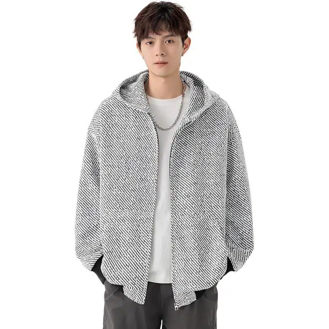 袋鼠 复古高街潮牌小香风肌理感设计毛呢连帽宽松开衫外套慵懒风卫衣 男女同款