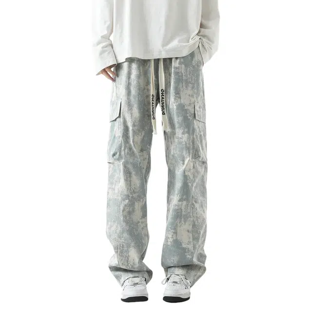 敦煌博物馆 新中式国潮扎染脏脏风渐变设计感大码复古高街宽松百搭工装大口袋直筒拖地垂感休闲裤 男女同款