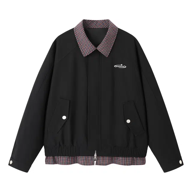 明尼凯 美式复古高街风基础款拼接格子翻领假两件设计小众高级感叠穿感户外日常通勤休闲宽松潮流百搭落肩情侣夹克外套 男女同款