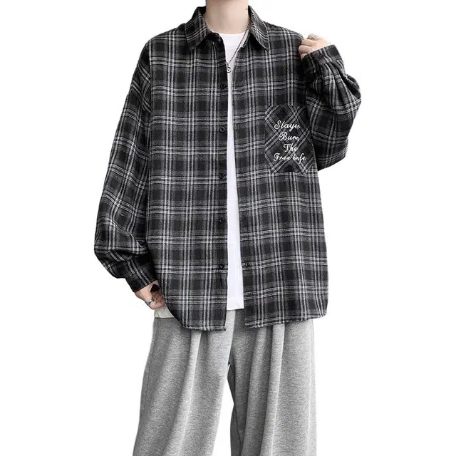 金盾 男衬衣外套格子港风刺绣宽松衬衫 男款