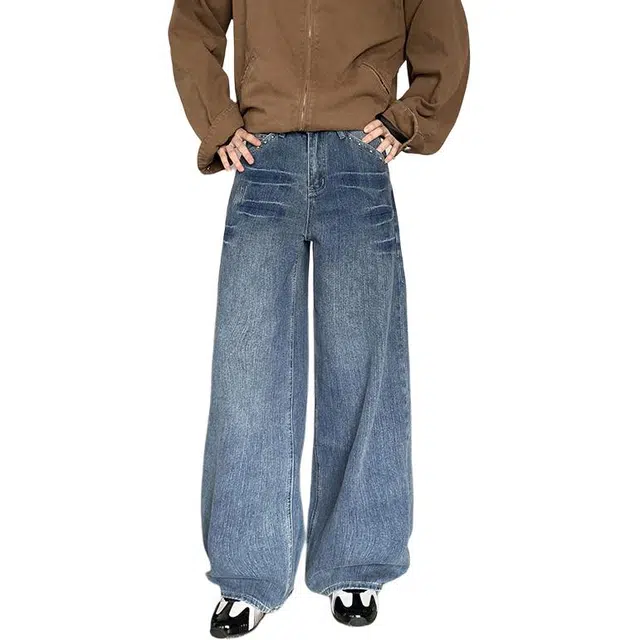 极限涡轮 美式复古水洗高街阔腿做旧宽松显瘦垂感休闲直筒牛仔裤 男女同款