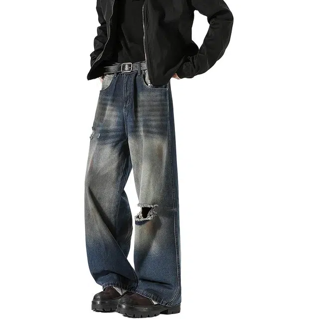 协协乐 废土风美式复古做旧水洗春秋季磨破破洞宽松直筒阔腿拖地裤百搭休闲青少年运动长裤牛仔裤 男款