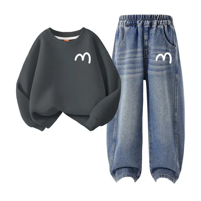 FAIRWHALE Casual Sports Set Basic Crewneck Sweatshirt Split Straight Pants Kids Autumn