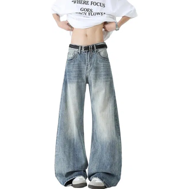 地界二 古着水洗做旧竹节弯刀美式宽松直筒百搭裤子垂感阔腿裤牛仔裤 男女同款