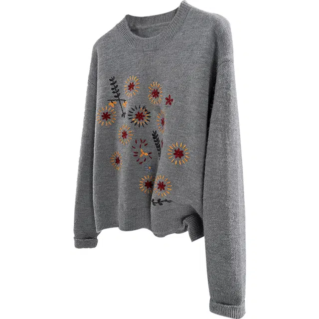 丝柏舍 撞色小花刺绣短款减龄圆领套图宽松款落肩长袖针织衫 女款