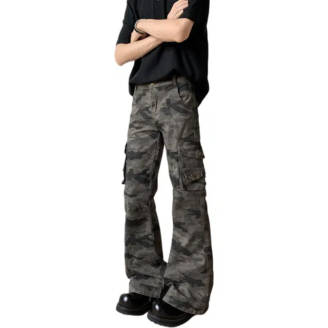 地界二 大码复古高街迷彩工装微喇设计高街休闲长裤牛仔裤 男女同款