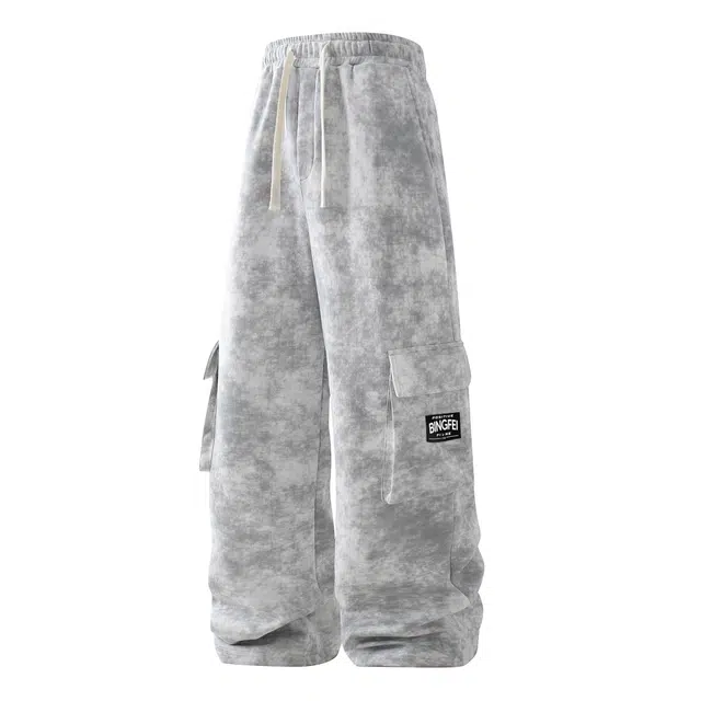 冰飞 美式复古嘻哈街头字母印花手绘个性潮流时尚百搭侧边大口袋宽松舒适简约水墨扎染工装直筒休闲裤 男女同款