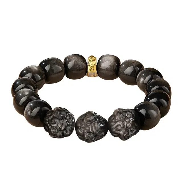 宣华意 国潮新中式时尚轻奢高级感三合生肖六合招财貔貅盘玩文玩本命年转运佛珠单圈#好运 黑曜石 手串 男女同款情侣款