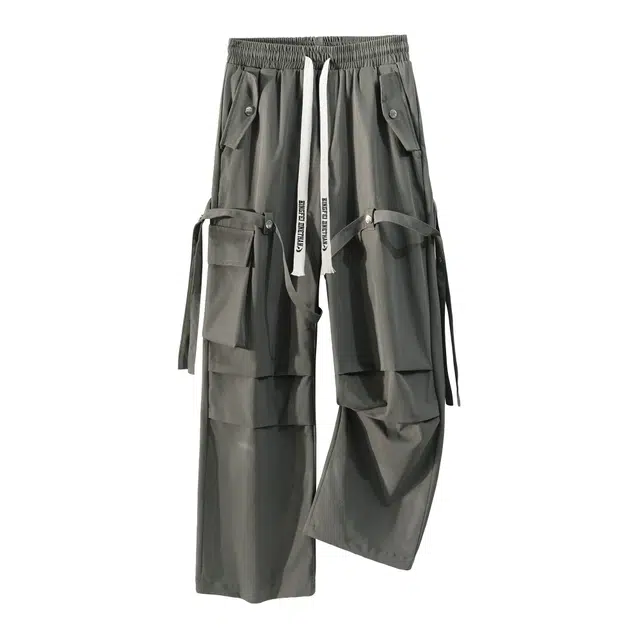 冰飞 美式高街复古直筒垂感阔腿户外休闲机能风降落伞褶皱飘带设计百搭无性别工装裤 男女同款