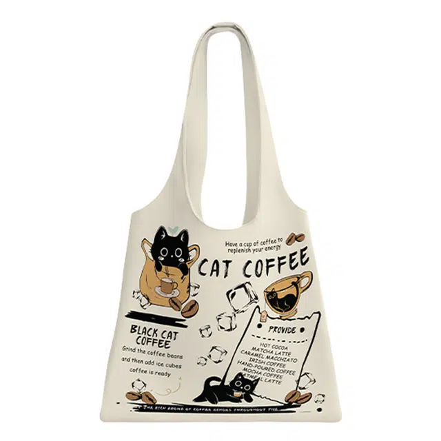 奥松 可爱黑喵咖啡馆帆布包上班通勤松弛感 绒面科技布 单肩包 常规 男女同款情侣款 白色