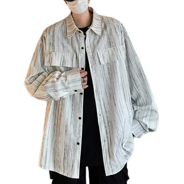 冈哉 美式韩版休闲潮流百搭垂感时尚灯芯绒印花纹理纽扣设计外套少年感空调舒适基础款打底内搭潮搭长袖衬衫 男女同款