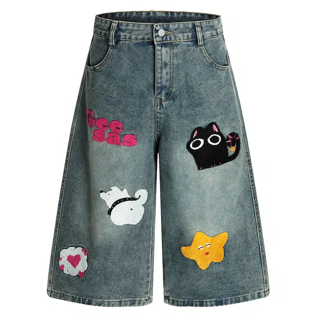 海獭 美式复古卡通可爱刺绣牛仔短裤 女款