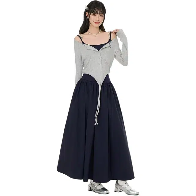 敲模女孩 法式吊带连衣裙高级感叠穿长袖针织衫开衫裙装套装 女款