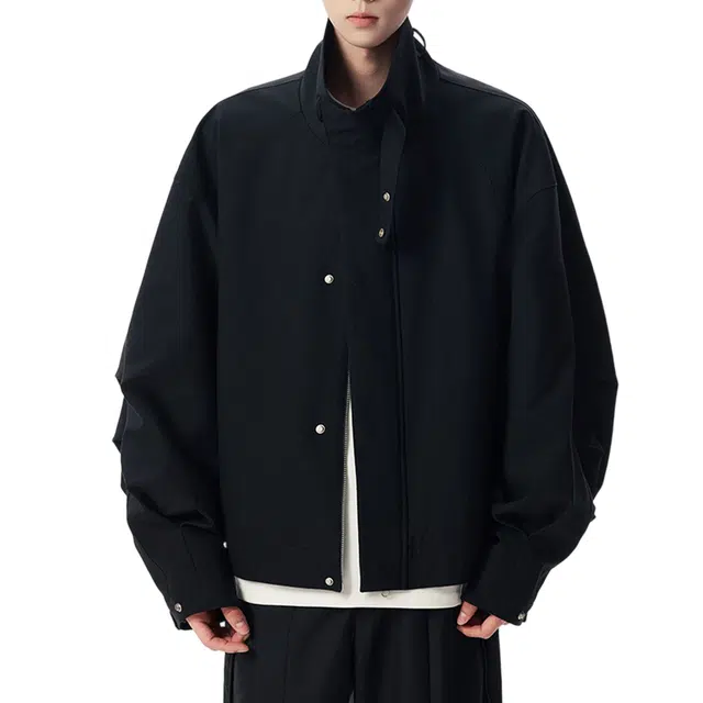 冈哉 纯色基础款解构廓形设计美式潮流痞帅工装立领休闲户外运动机车风宽松百搭拉链夹克外套 男女同款