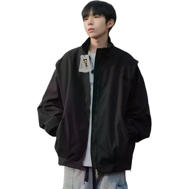 地界二 日系复古男春秋季潮牌宽松休闲百搭青少年双拉链立领休闲纯色常规夹克 男款