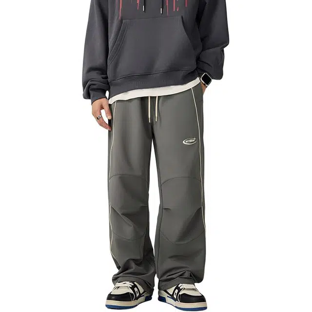 潮人榜 户外系带运动长裤情侣款宽松线条撞色拼接折褶直筒休闲裤 男女同款