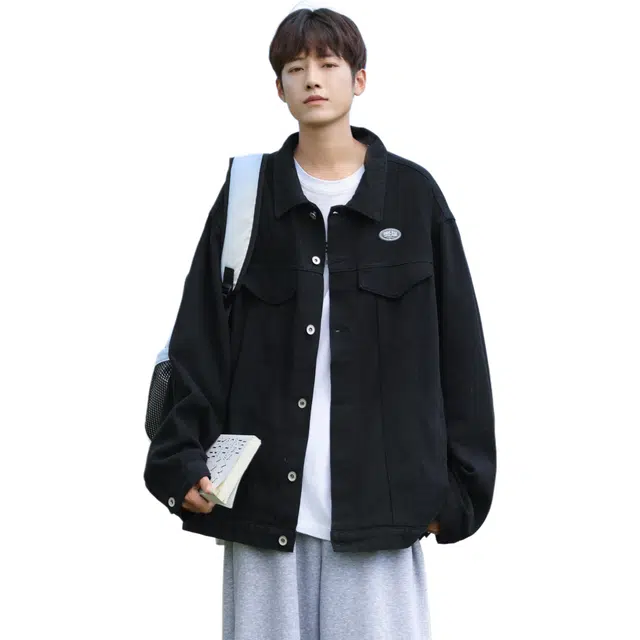 快鱼 美式复古秋款宽松型潮牛仔外套 男女同款