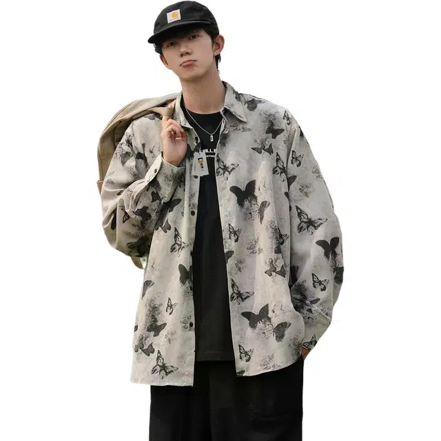 地界二 蝴蝶印花长袖男潮牌新中式宽松休闲百搭衬衣外套印花长袖中式衬衫 男款
