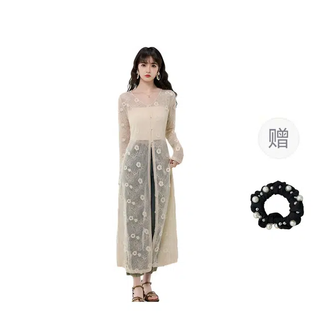 雾闪闪 新中式盘扣度假风镂空钩花长款百搭开衫针织衫 女款