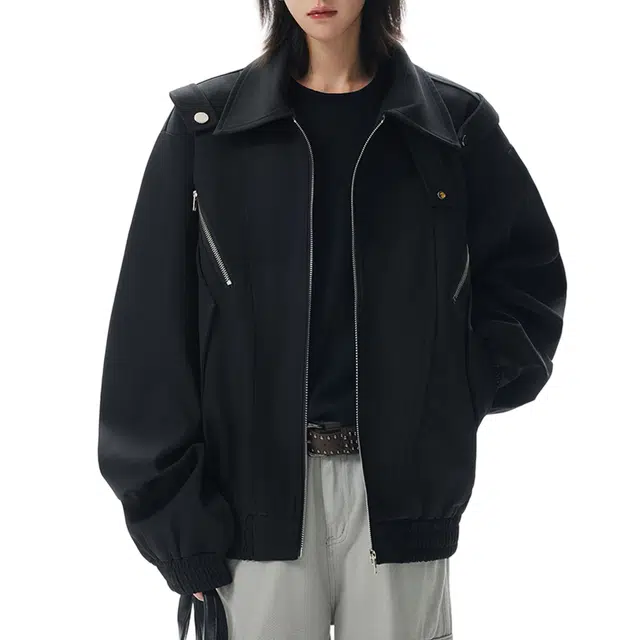 冈哉 解构拼接翻领工装多口袋拉链设计美式复古纯色基础款户外通勤宽松舒适时尚百搭夹克外套 男女同款