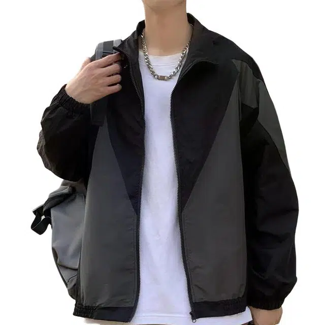 地界二 日系复古翻领男士韩版潮流拼色休闲潮牌百搭运动上衣夹克外套 男款