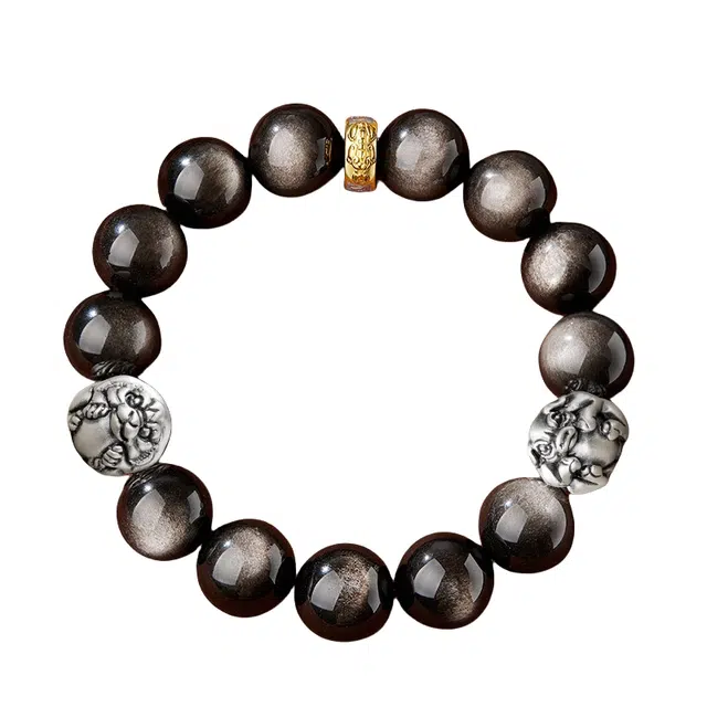 宣华意 国潮新中式高级感小众设计六合生肖三合文玩招财貔貅盘玩转运珠佛珠 单圈#好运 黑曜石 手串 男女同款情侣款