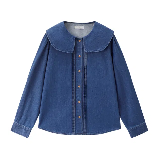 佐丹奴 纯棉洗水牛仔衬衣娃娃领打条门筒长袖衬衫 女款