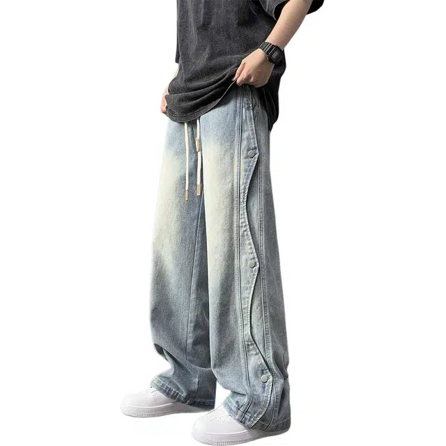 地界二 美式潮牌解构小众宽松做旧水洗百搭阔腿直筒裤牛仔裤 男女同款