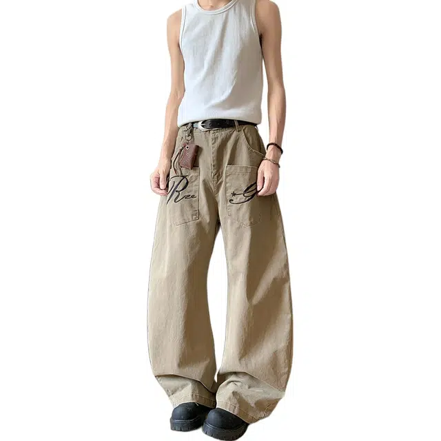 地界二 美式复古口袋刺绣字母弯刀潮牌廓形休闲宽松水洗阔腿长裤牛仔裤 男女同款