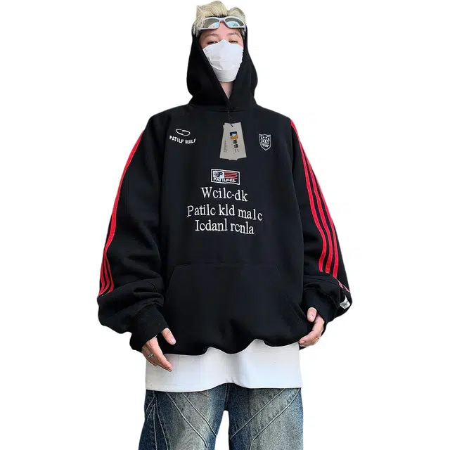 地界二 美式街头复古插肩袖连帽男潮牌字母三条杠宽松上衣外套复古插肩袖连帽卫衣 男款