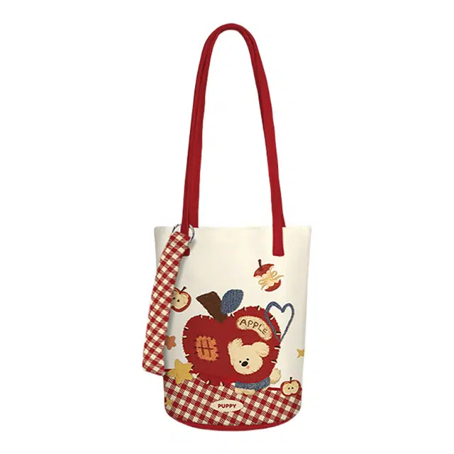 奥松 苹果补丁可爱狗黄色上班通勤文艺小众 绒面科技布 单肩包 常规 女款 白色